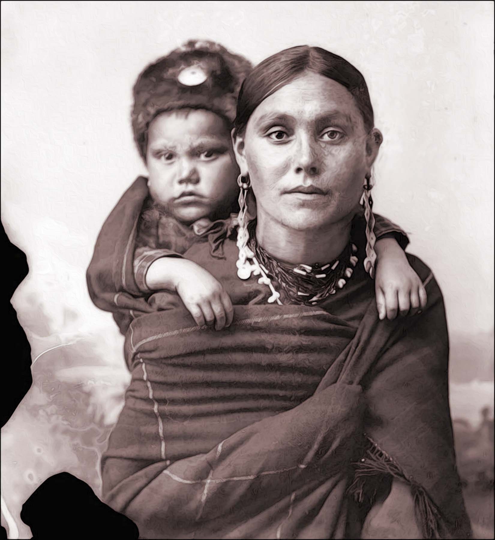 Ho-Chunk mother carrying her son on her back, Black River Falls, Wisconsin, 1897 (photographed by Charles Van Schaick)