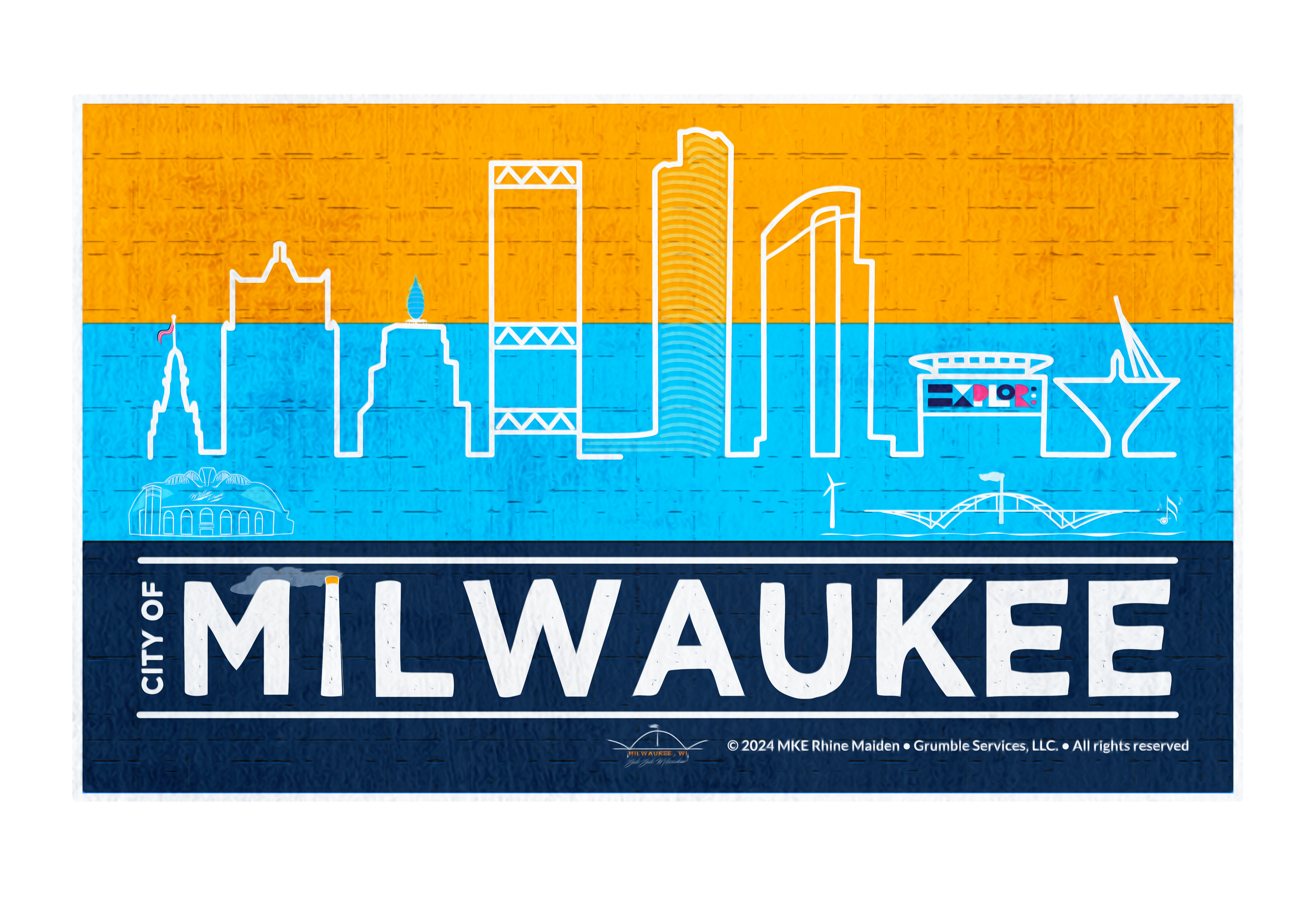 MKE Flag, City-Skyline. © 2024 Grumble Services, LLC. • All rights reserved https://www.teepublic.com/t-shirt/47537070-mke-flag-city-skyline-flag-milwaukee-wi?store_id=2708175