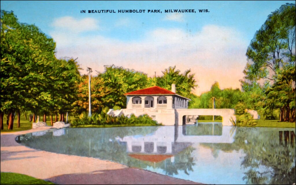 Postcard Early 1900s Humboldt Park. A boat house once stood along the lagoon’s southern shore. 
Photo courtesy of Humboldt Park Friends.