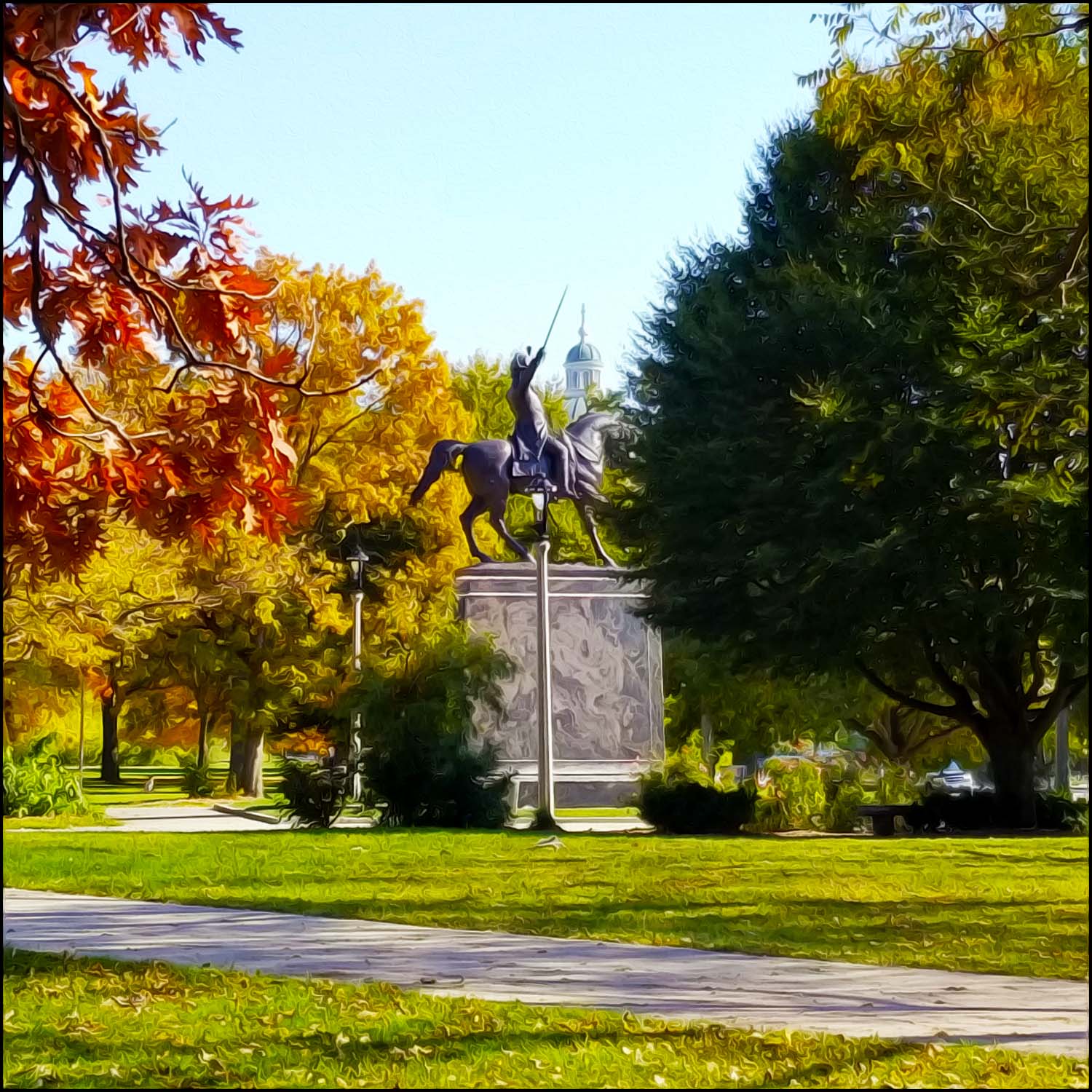 Milwaukee County's Emerald Necklace: Picture of Kościuszko Park's equestrian statue with the basilica dome in background. The park sits kitty-corner to the early Milwaukee Polonia’s beloved Basilica of St. Josaphat. 