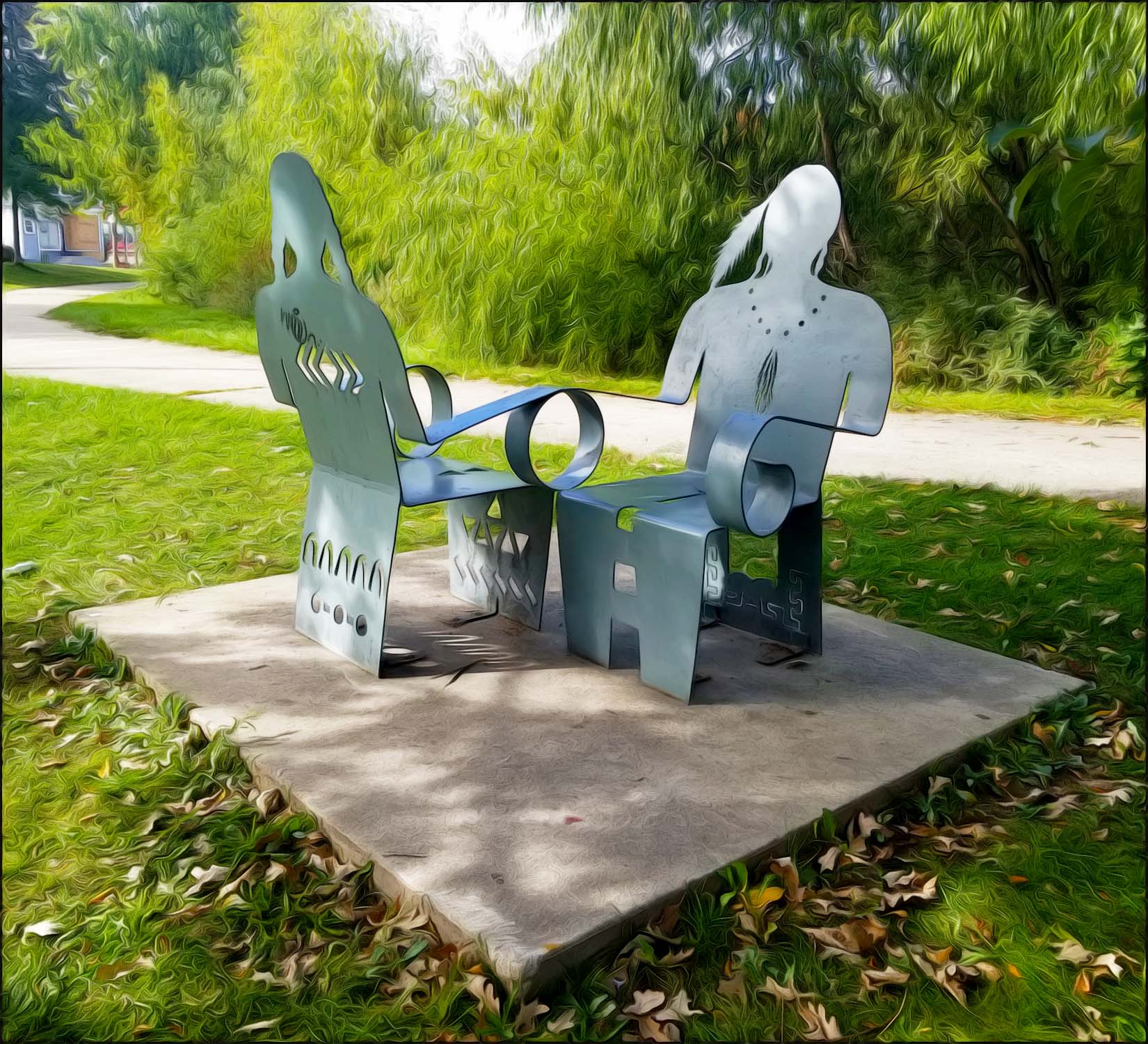 Kościuszko Park covers 33.5 acres on the southside of Milwaukee. Modern artwork adorns the park’s southeast corner.