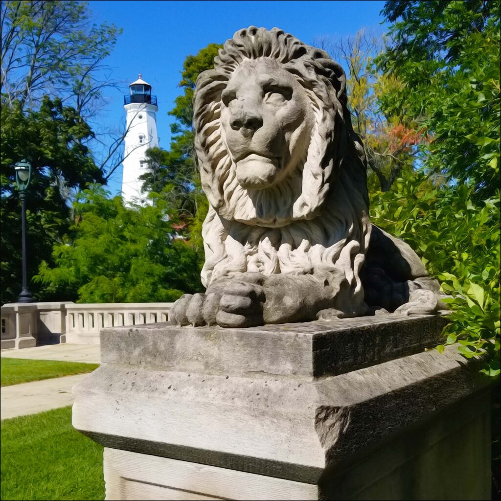 Picture of one of two “Lion Bridges,” completed in 1897, guarding the North Point Lighthouse.