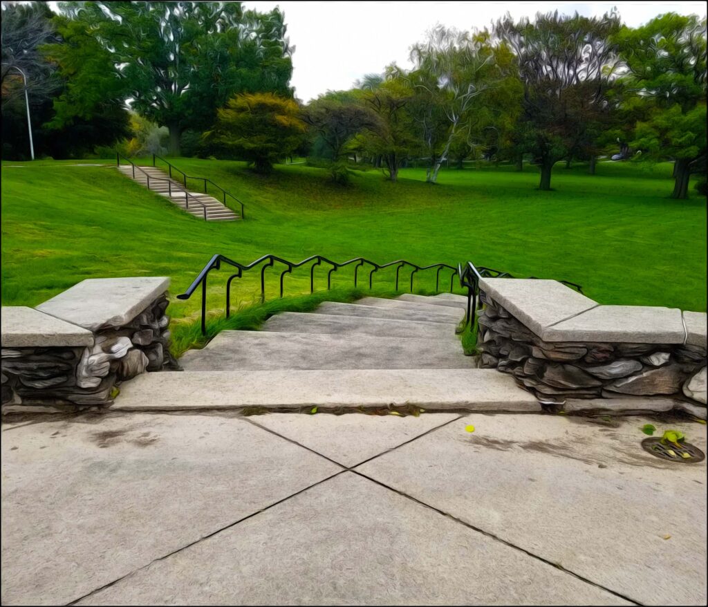 Picture of stairs once leading to Mitchell Park's Glass Palace. Park funding cuts have led to site closures such as Mitchell Park’s beloved Sunken Gardens.