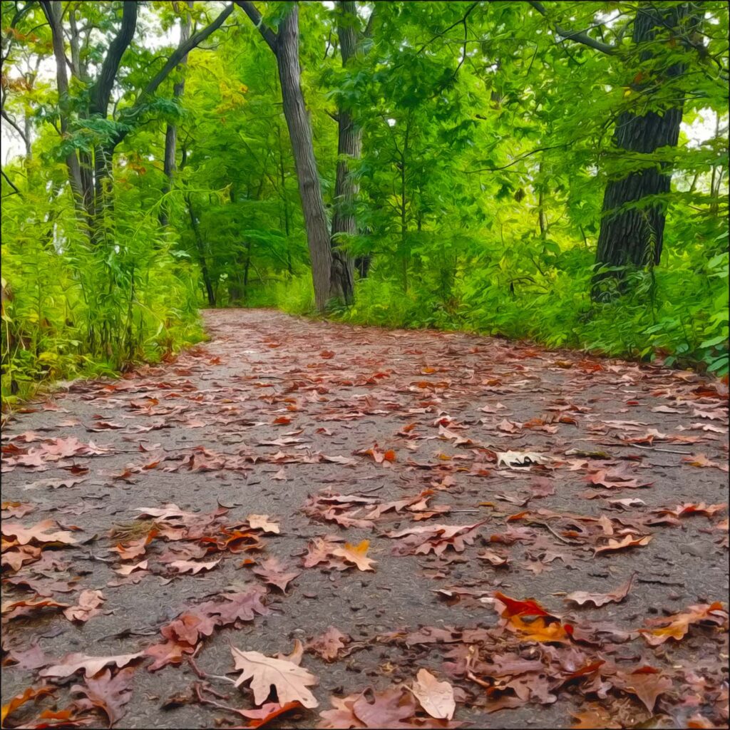 Picture of Riverside Park's Oak Leaf Trail, cast in copper. Parks part of Milwaukee's Emerald Necklace's Oak Leaf Trail are marked with a green oak leaf and acorn near the top left corner of their brown park signs.