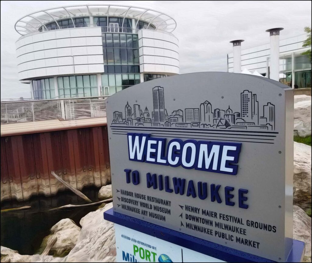Welcome to Milwaukee sign, city's original pier near where Discovery World is now located. 